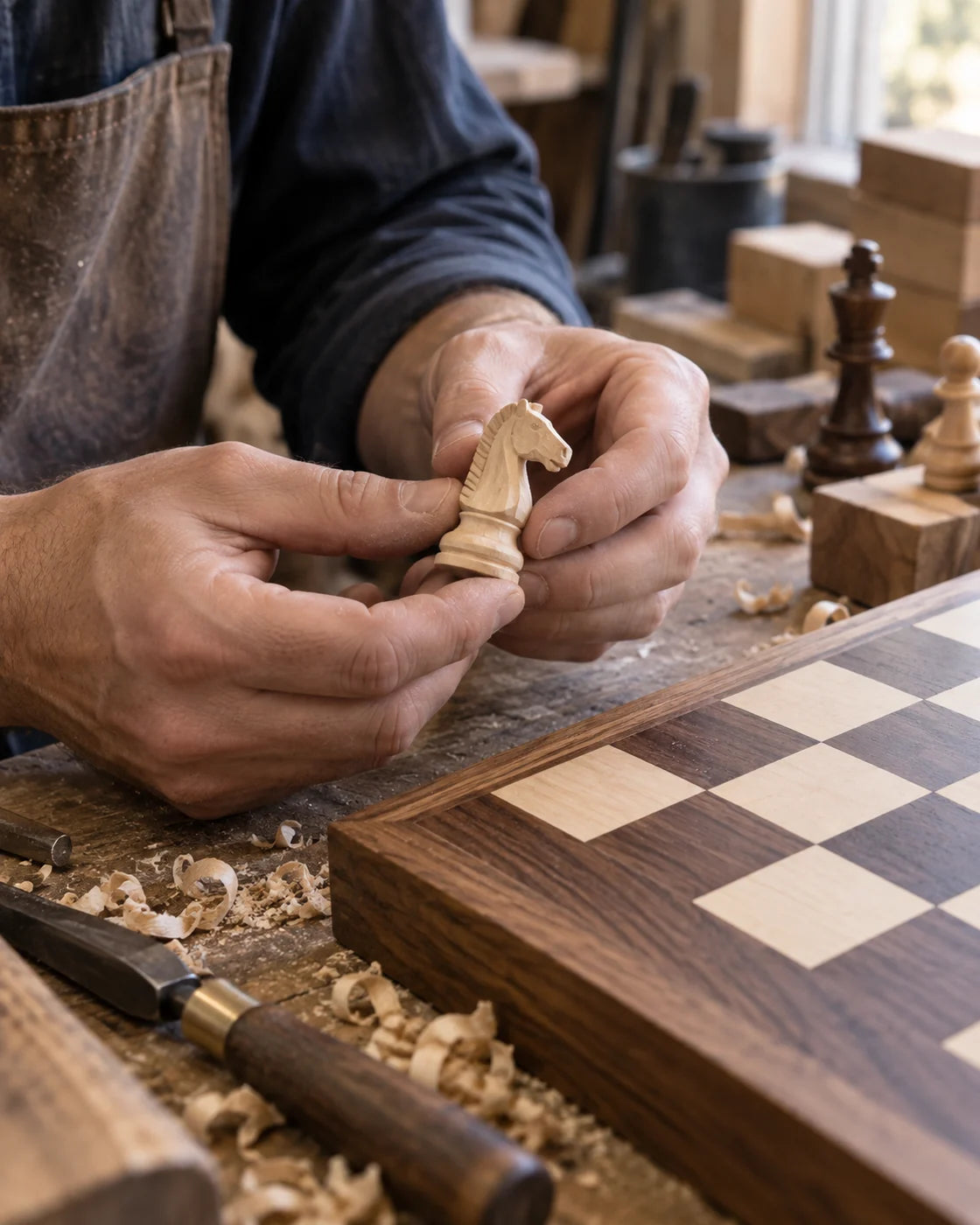 Des mains examinent une pièce d’échecs en bois clair près d’un plateau en bois sombre.