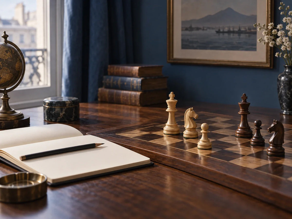 Échiquier ancien et carnet de parties sur une table, illustration éditoriale sans portrait de Capablanca.