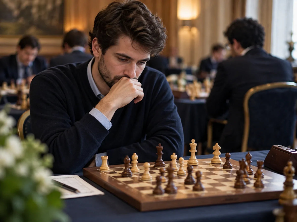 Joueur concentré devant un échiquier dans une salle de compétition.