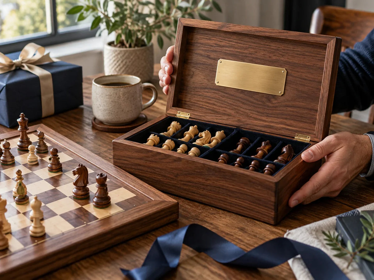 Main tenant un petit coffret d'échecs en bois à côté d'un plateau.