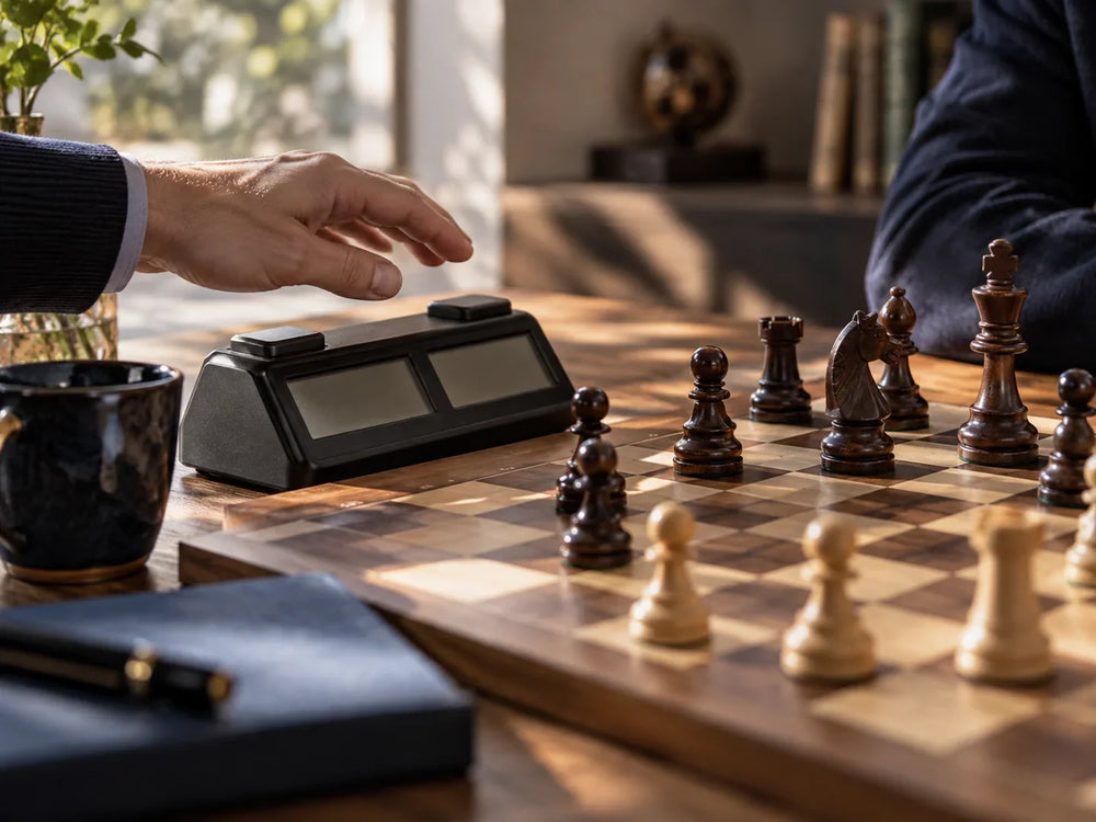 Pendule numérique près de pièces d'échecs en bois, avec une main au-dessus du bouton.