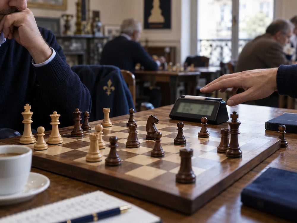 Main près d'une pendule numérique et d'un échiquier en cours de partie.