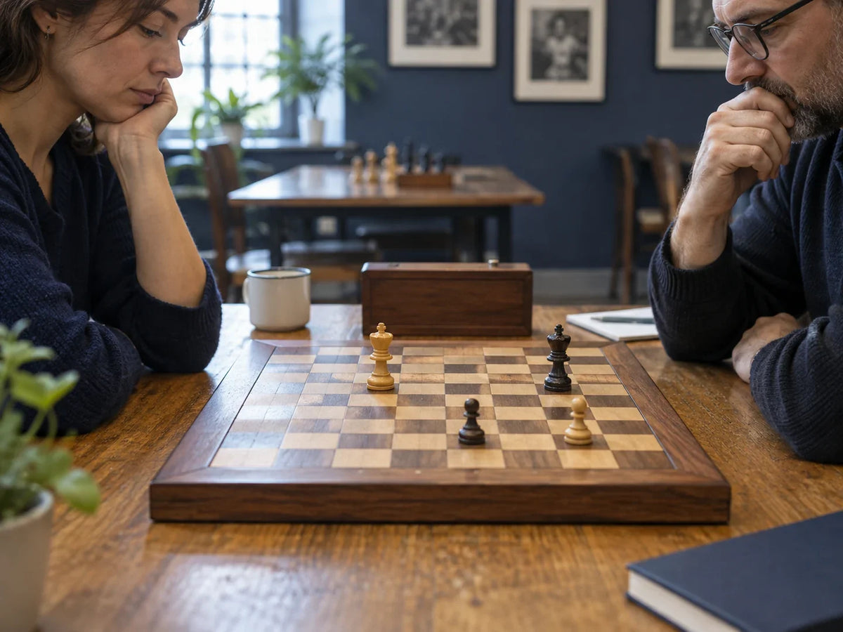 Deux joueurs observent une finale d'échecs presque dépouillée.