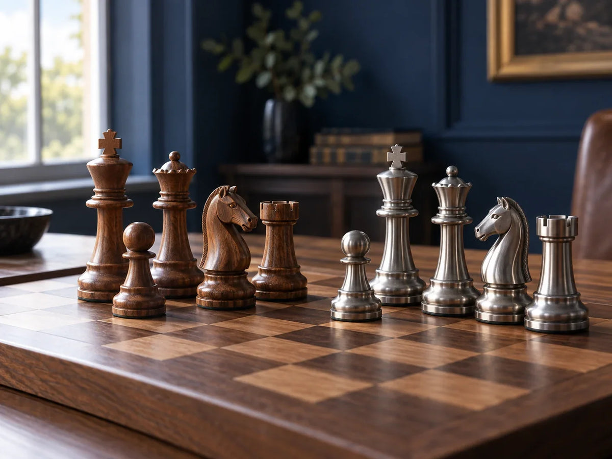 Pièces d'échecs en bois et en métal présentées côte à côte sur un plateau.