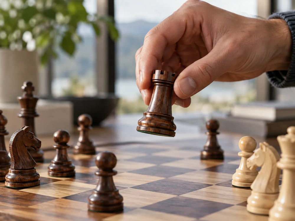 Main soulevant une pièce d'échecs en bois au-dessus d'un plateau.