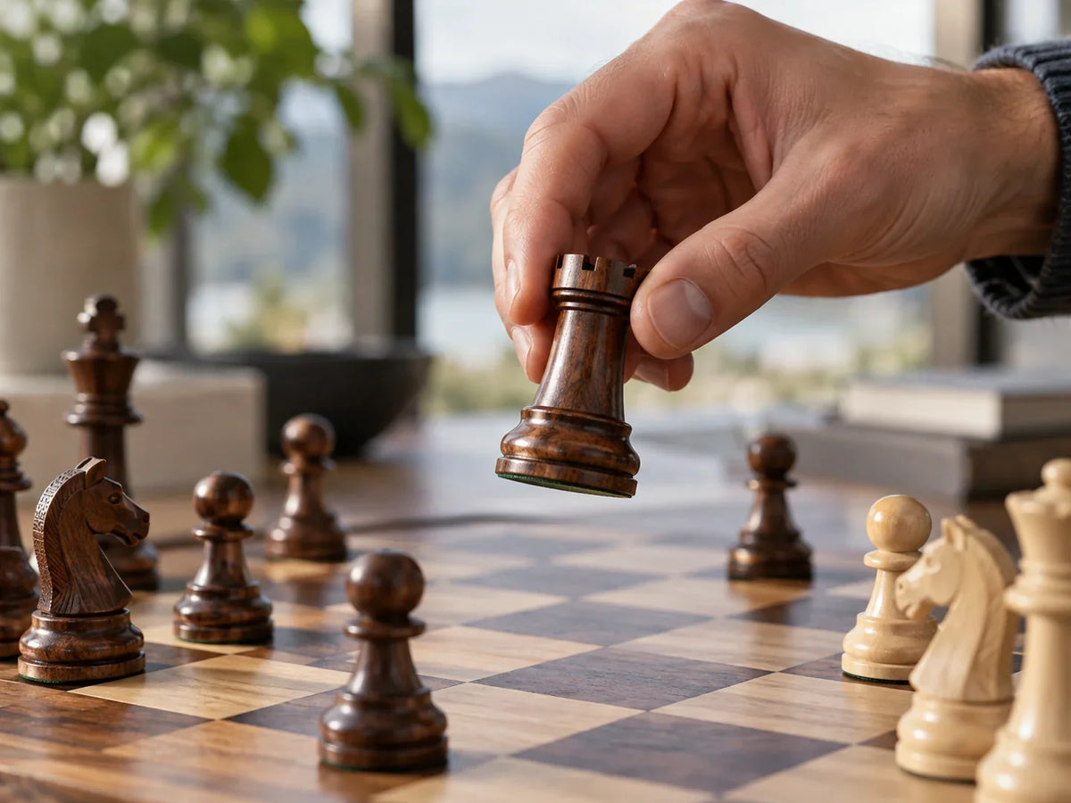 Main soulevant une pièce d'échecs en bois au-dessus d'un plateau.