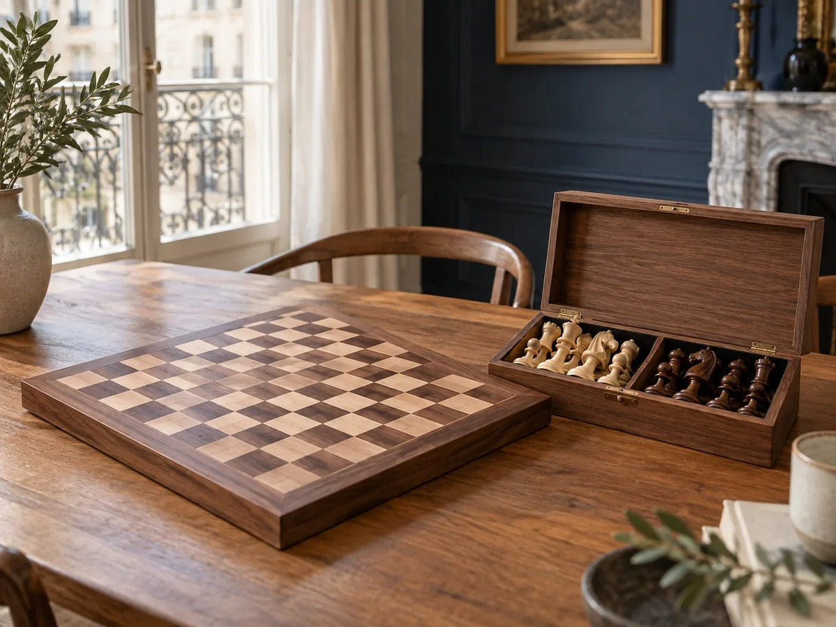 Plateau d'échecs vide à côté d'un coffret contenant des pièces en bois.