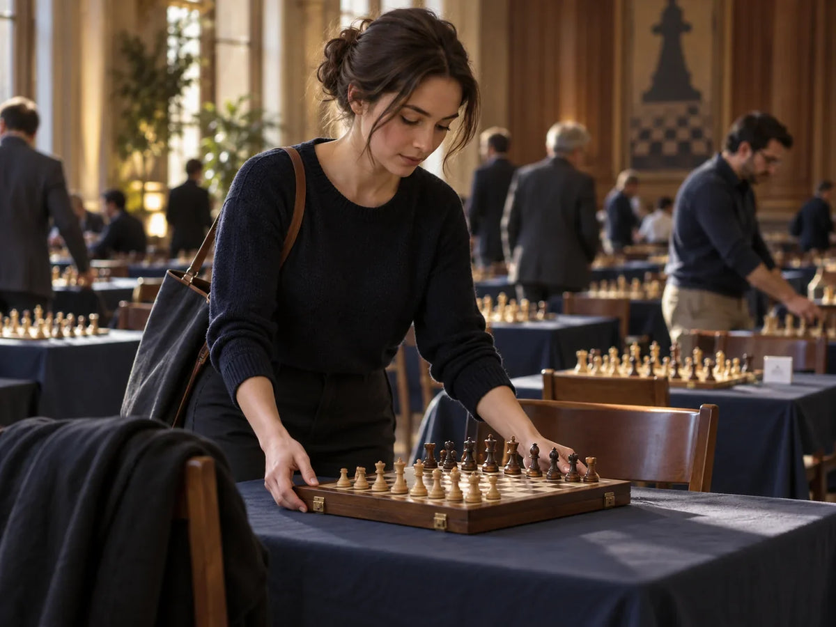 Participante installant un jeu d'échecs dans une salle de tournoi.