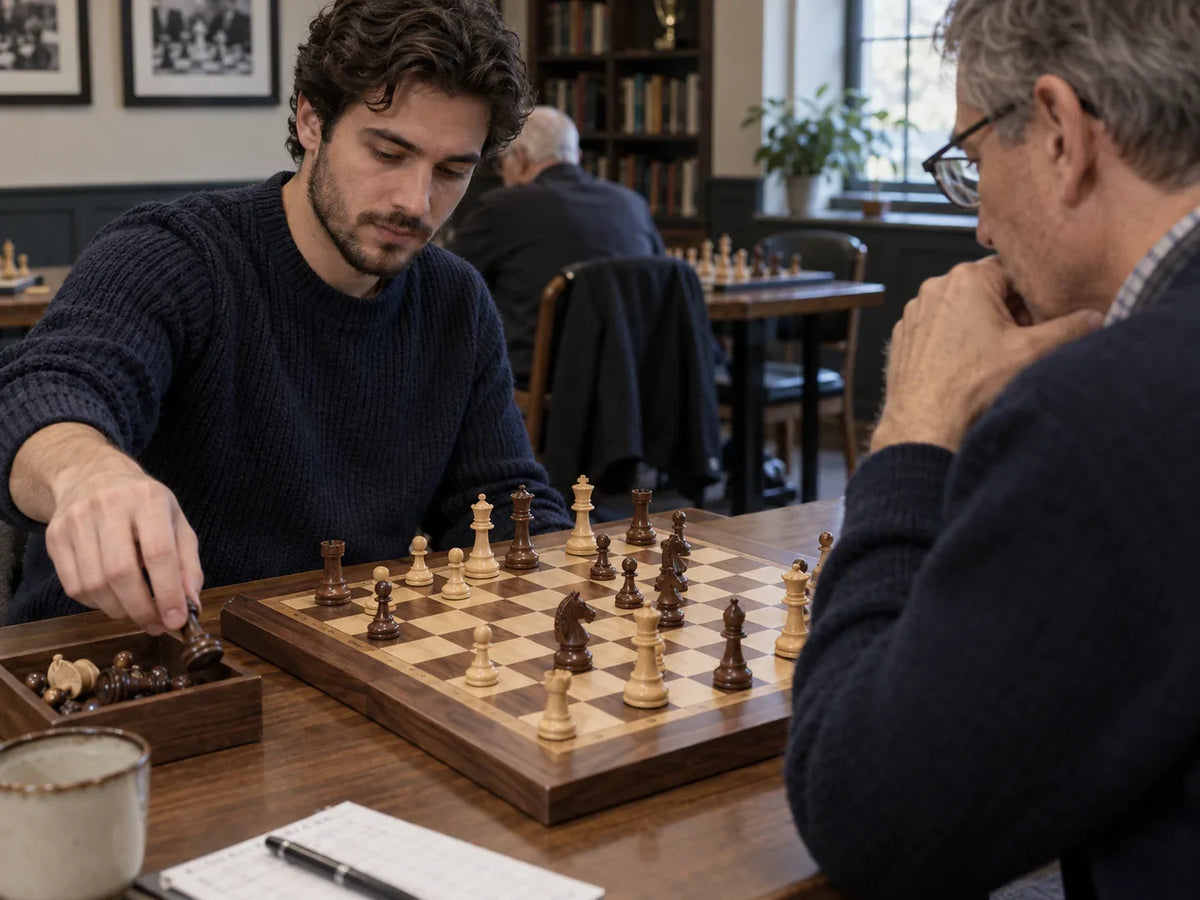 Un joueur retire une pièce capturée tandis que son adversaire observe l'échiquier.