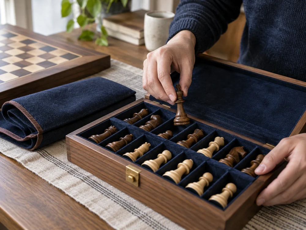 Pièces en bois rangées dans leurs compartiments à côté d'un échiquier protégé.