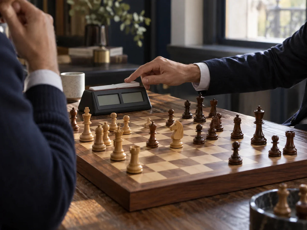 Main d'un joueur appuyant sur une pendule numérique à côté d'un échiquier.
