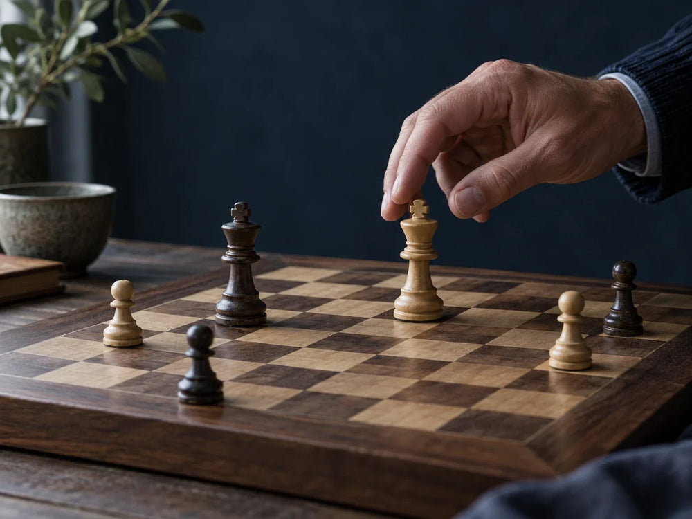 Finale de pions sur un échiquier en bois avec deux rois séparés.