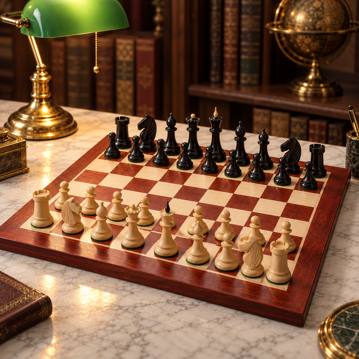Pièces Queen's Gambit 1957 installées sur un échiquier