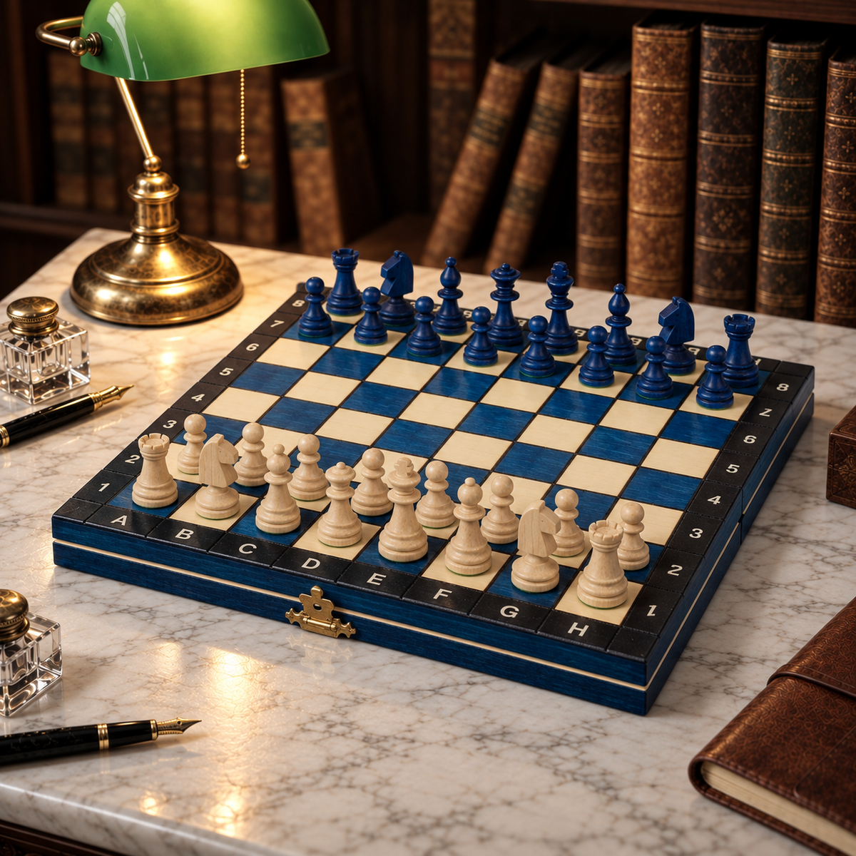 Jeux d'échec magnétique bleu 27 cm dans une bibliothèque