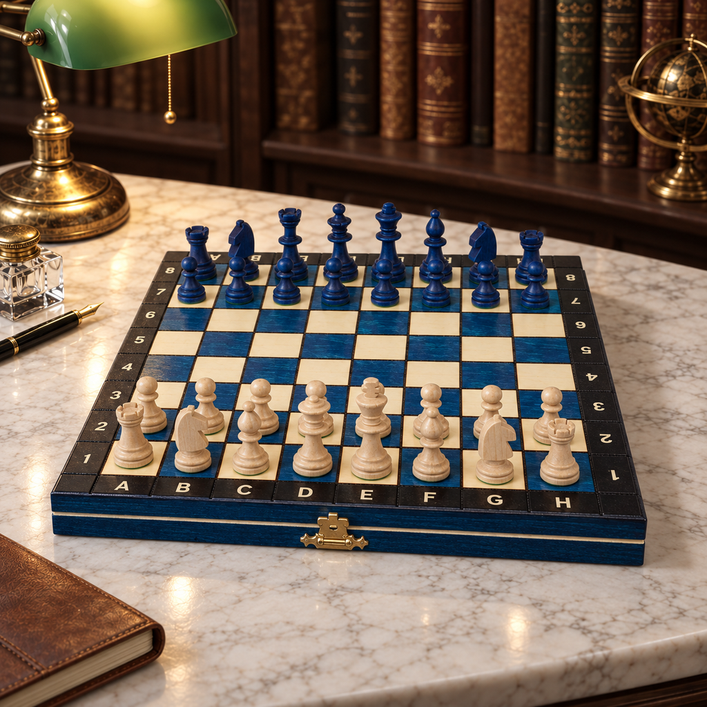 Jeux d'échec magnétique bleu vu de trois quarts