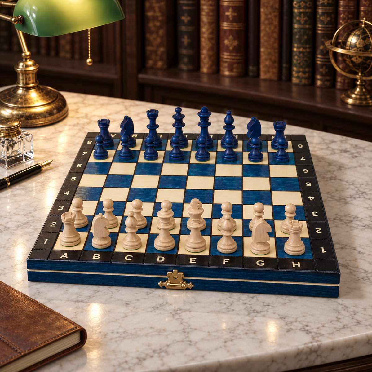 Jeux d'échec magnétique bleu vu de trois quarts