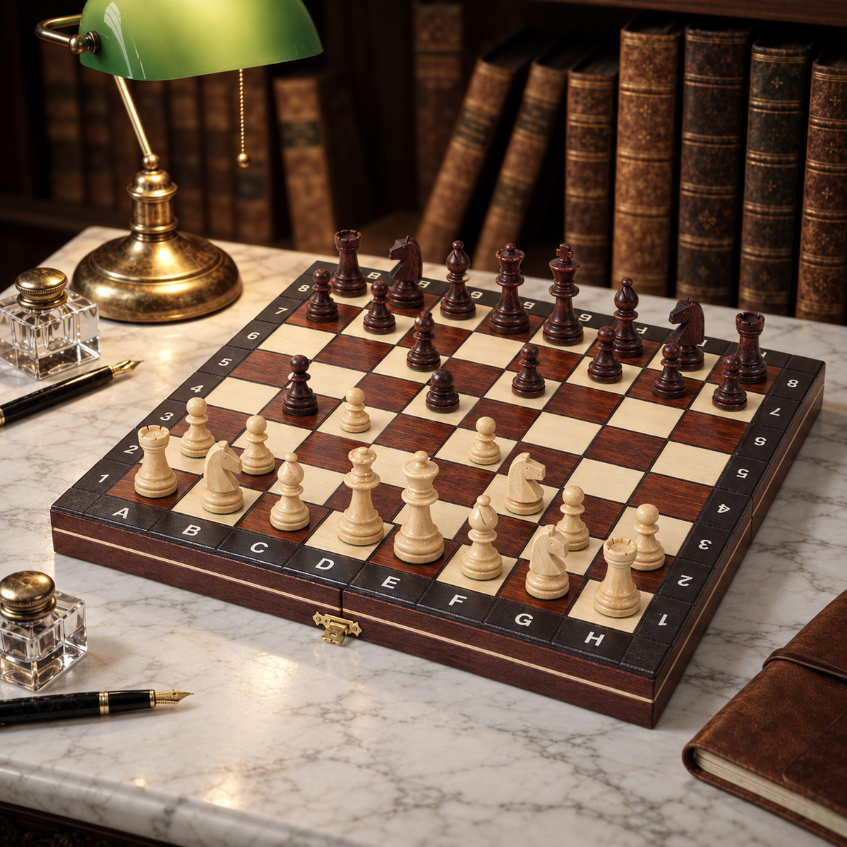 Jeu d’échecs magnétique bois brun 27 cm dans une bibliothèque
