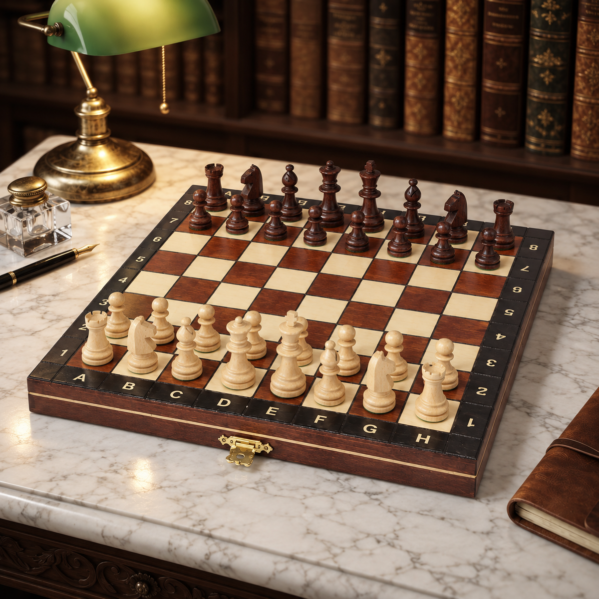 Jeu d’échecs magnétique bois brun 27 cm vu de trois quarts