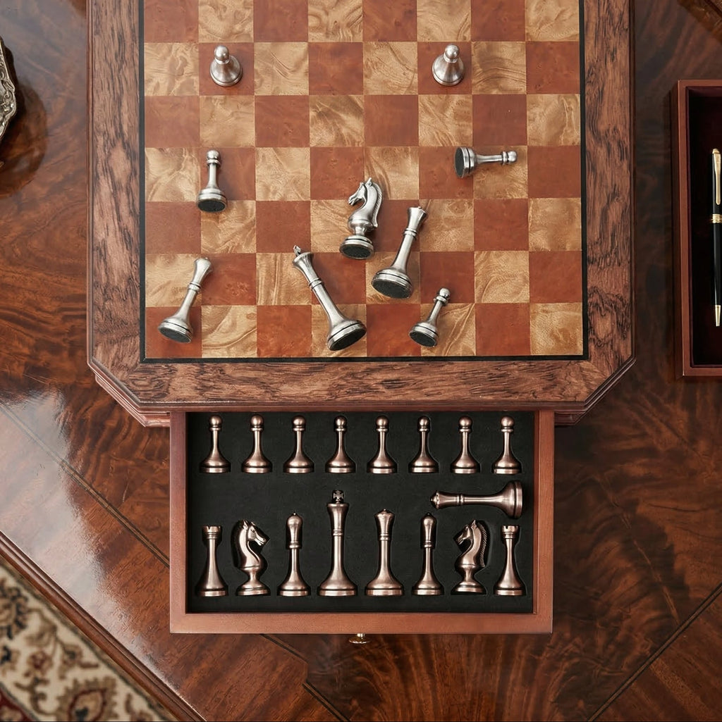Jeux d'échec Acajou à tiroirs & pièces métal