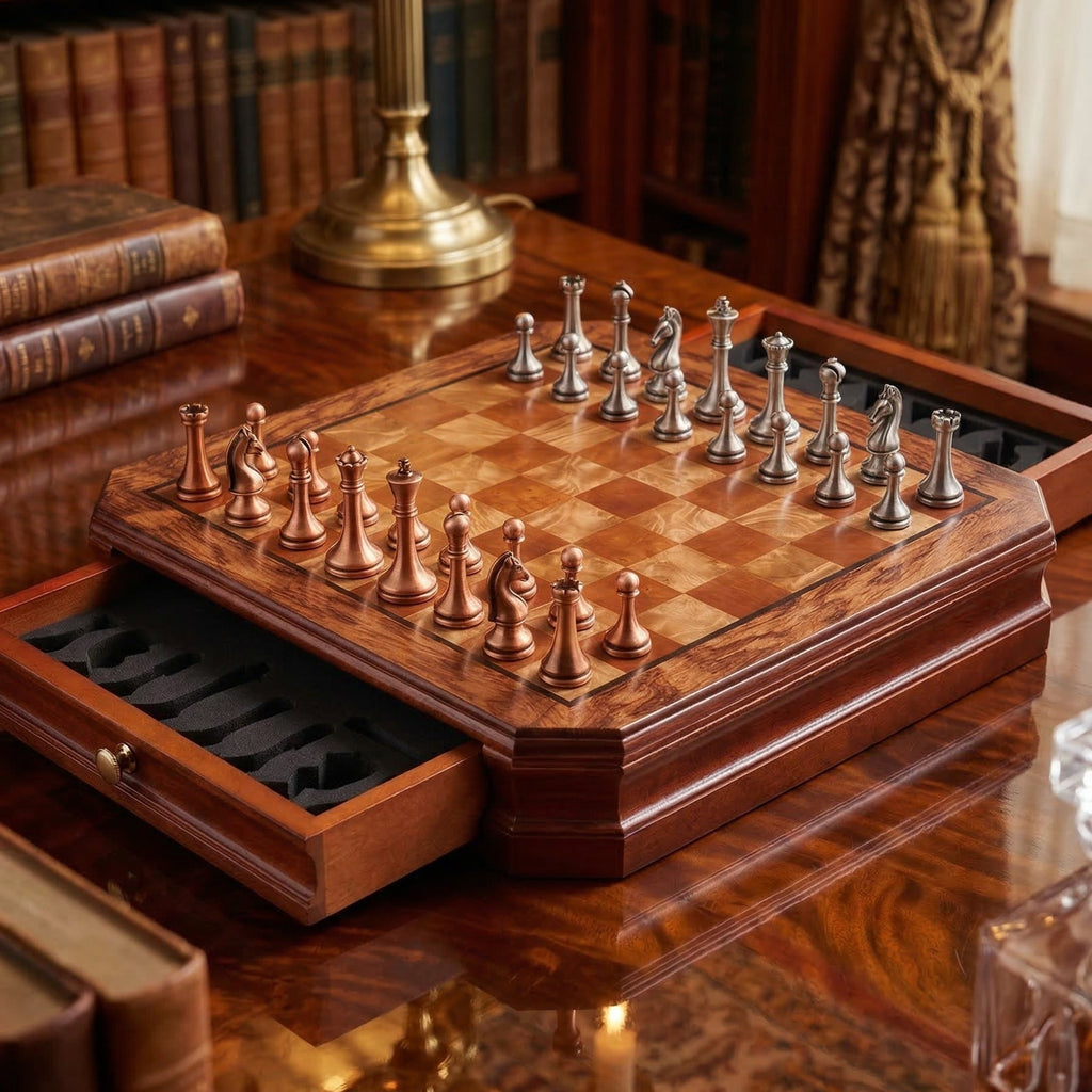 Jeux d'échec Acajou à tiroirs & pièces métal