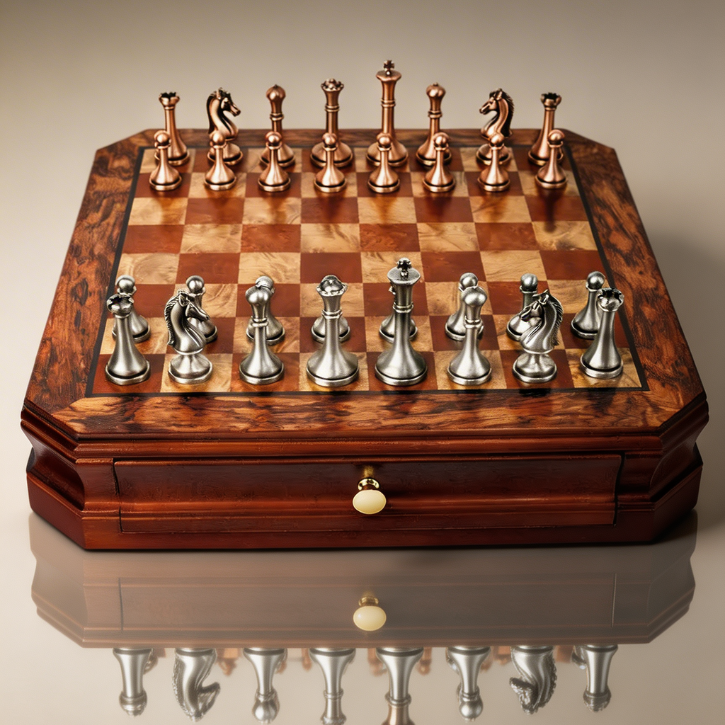 Jeux d'échec Acajou à tiroirs & pièces métal