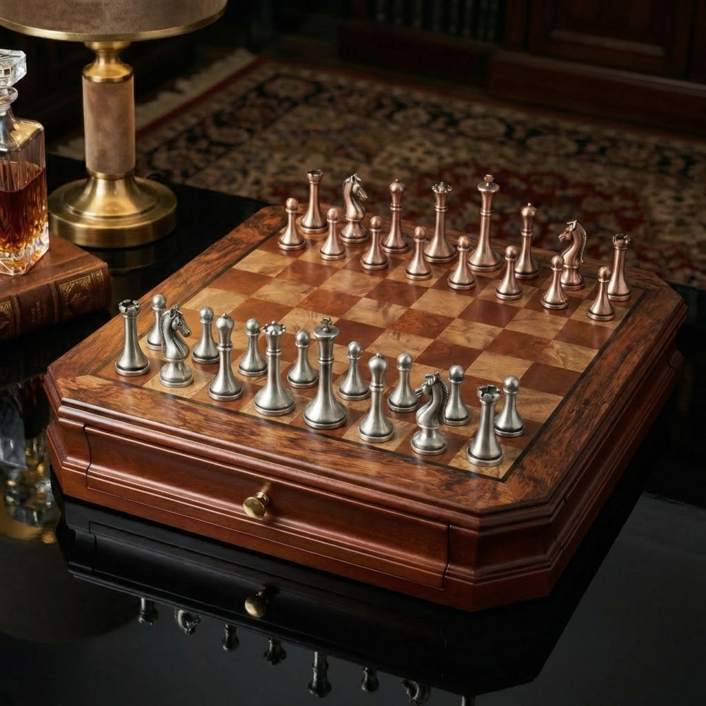 Jeu d’échecs à tiroirs en acajou avec pièces en métal vieilli.