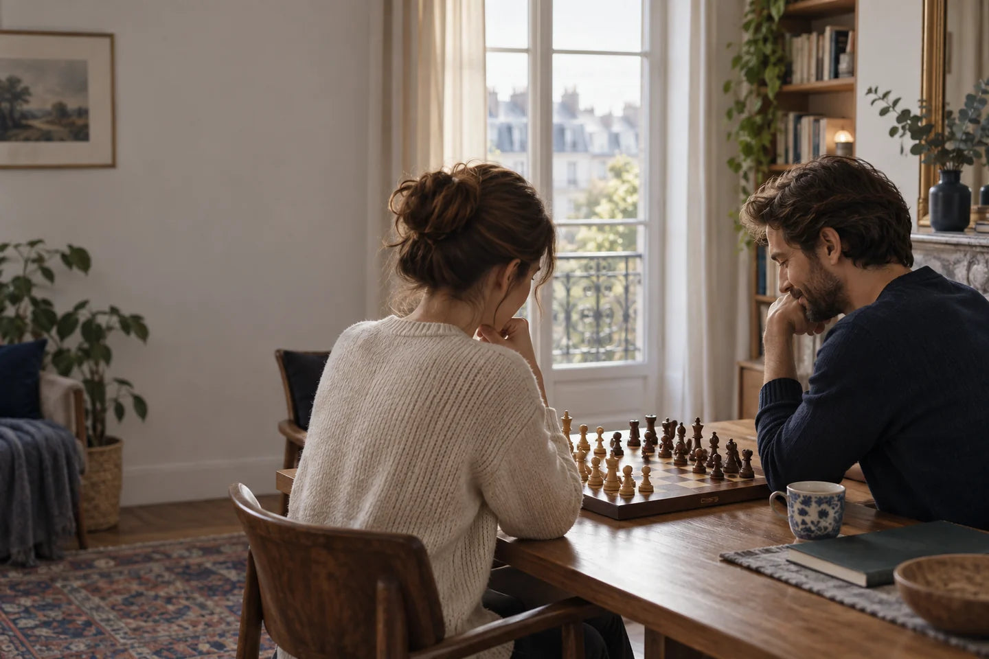 Deux adultes jouent aux échecs autour d'un plateau en bois près d'une fenêtre.