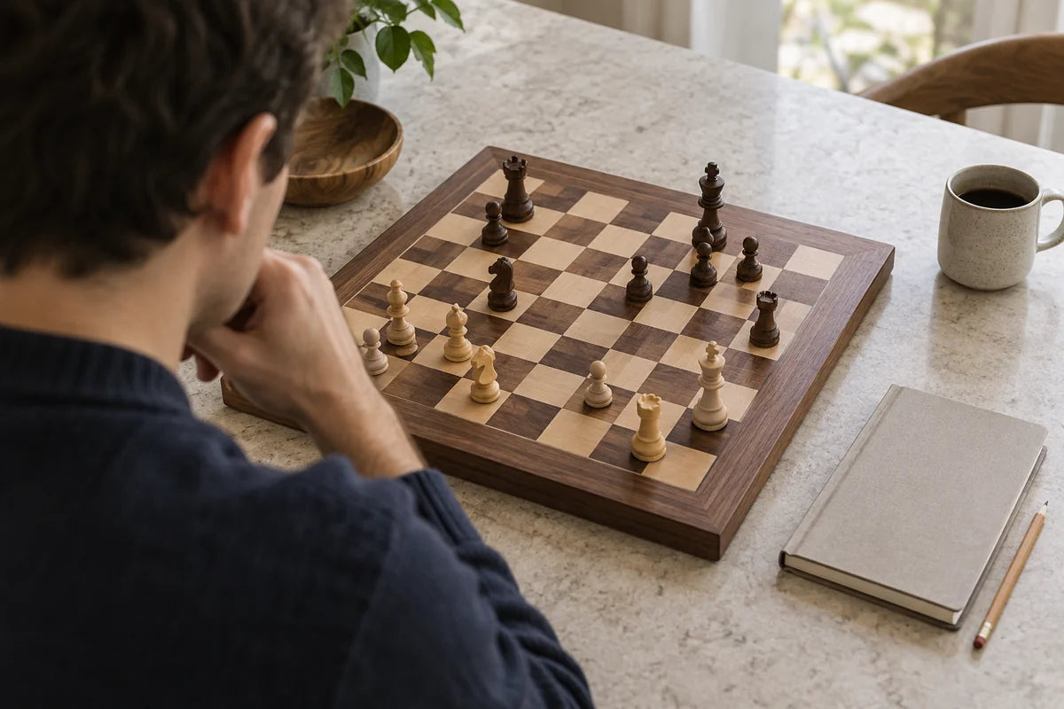 Joueur réfléchissant à un coup d'échecs devant un plateau en bois, carnet posé à côté.