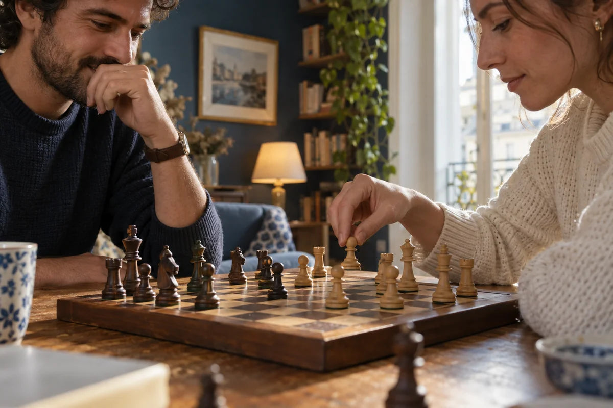 Deux personnes disputent une partie d'échecs sur un plateau en bois dans un salon.