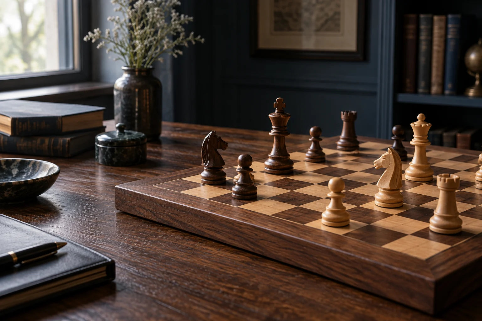 Échiquier et pièces en bois sur une table dans une pièce à la lumière douce.