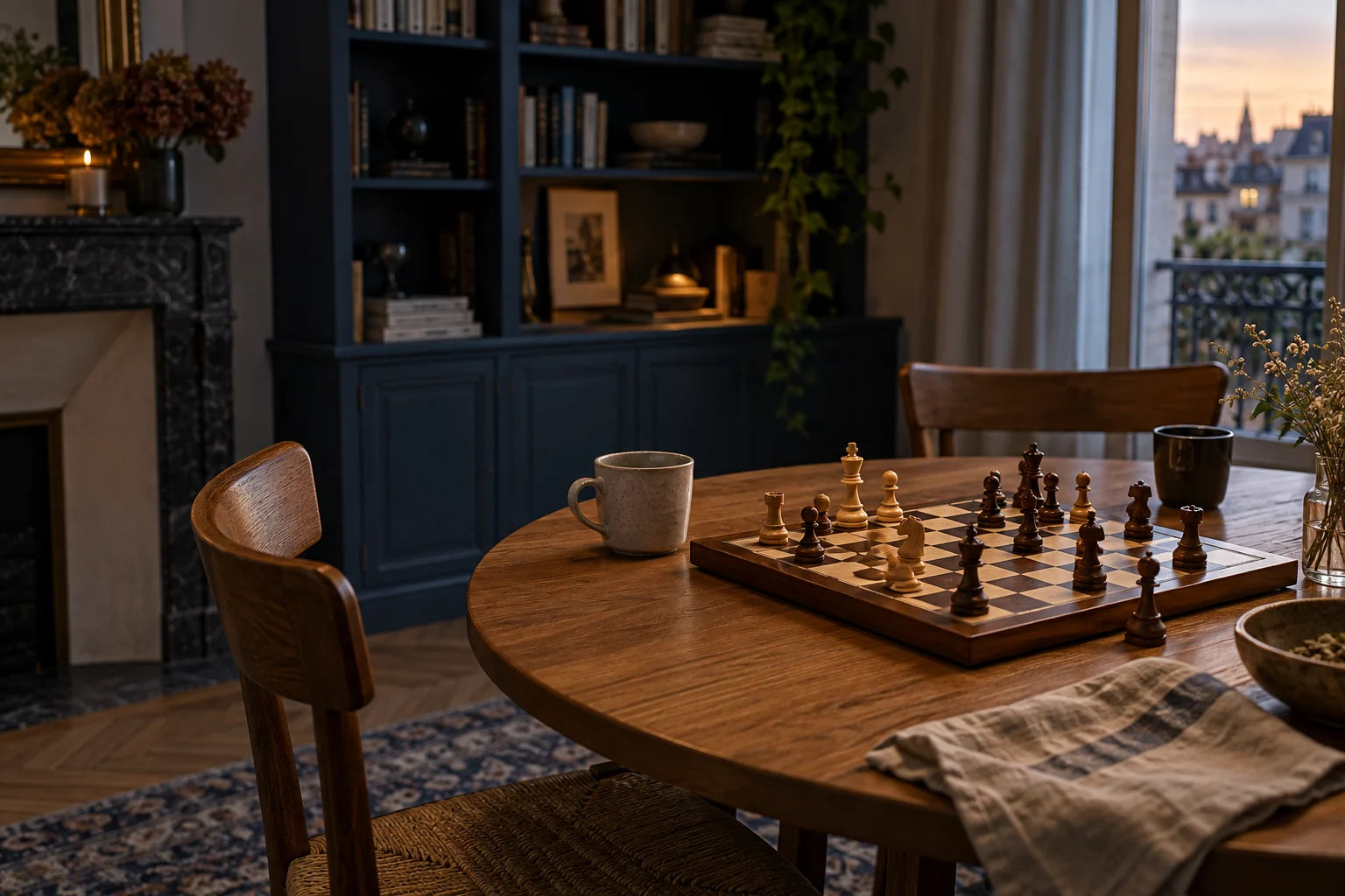 Un échiquier en bois au milieu d'une partie laissée en attente sur une table, près d'une bibliothèque.
