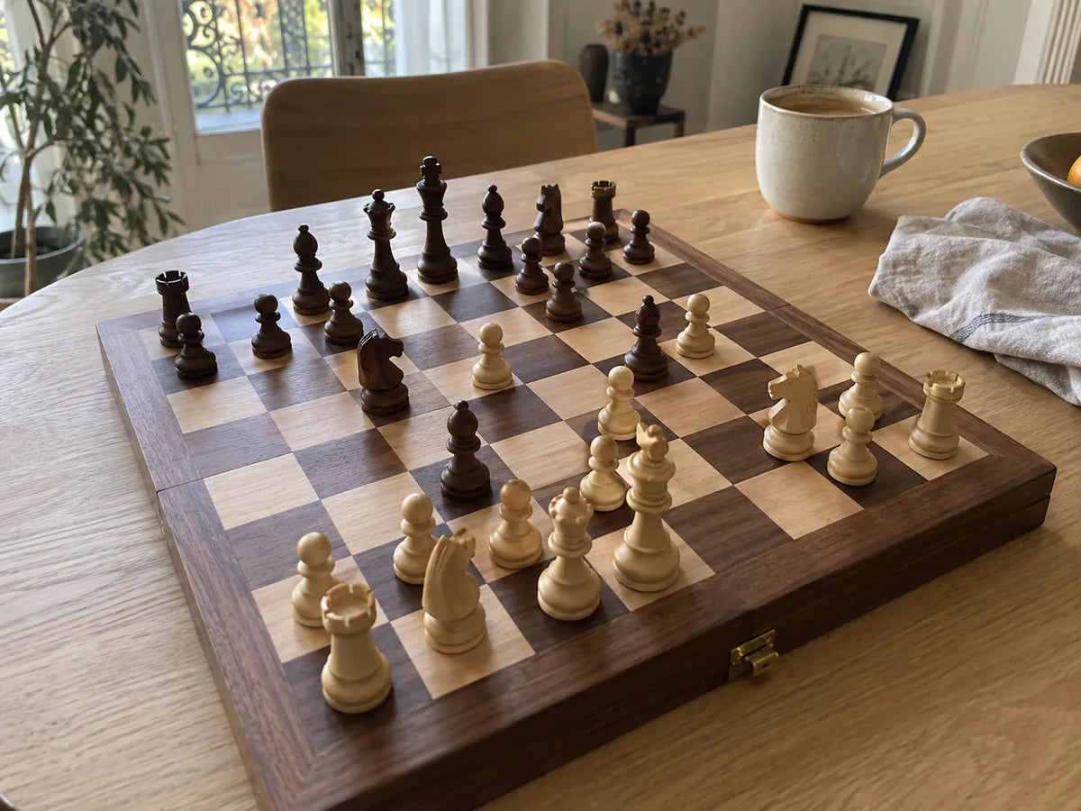 Échiquier en bois sur une table de salle à manger