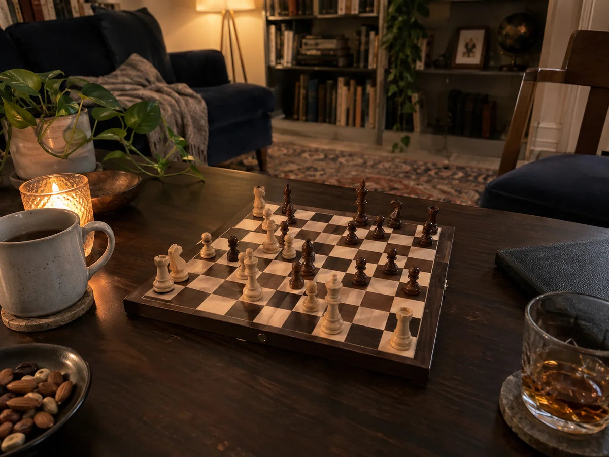 Partie d’échecs dans un salon à la lumière douce