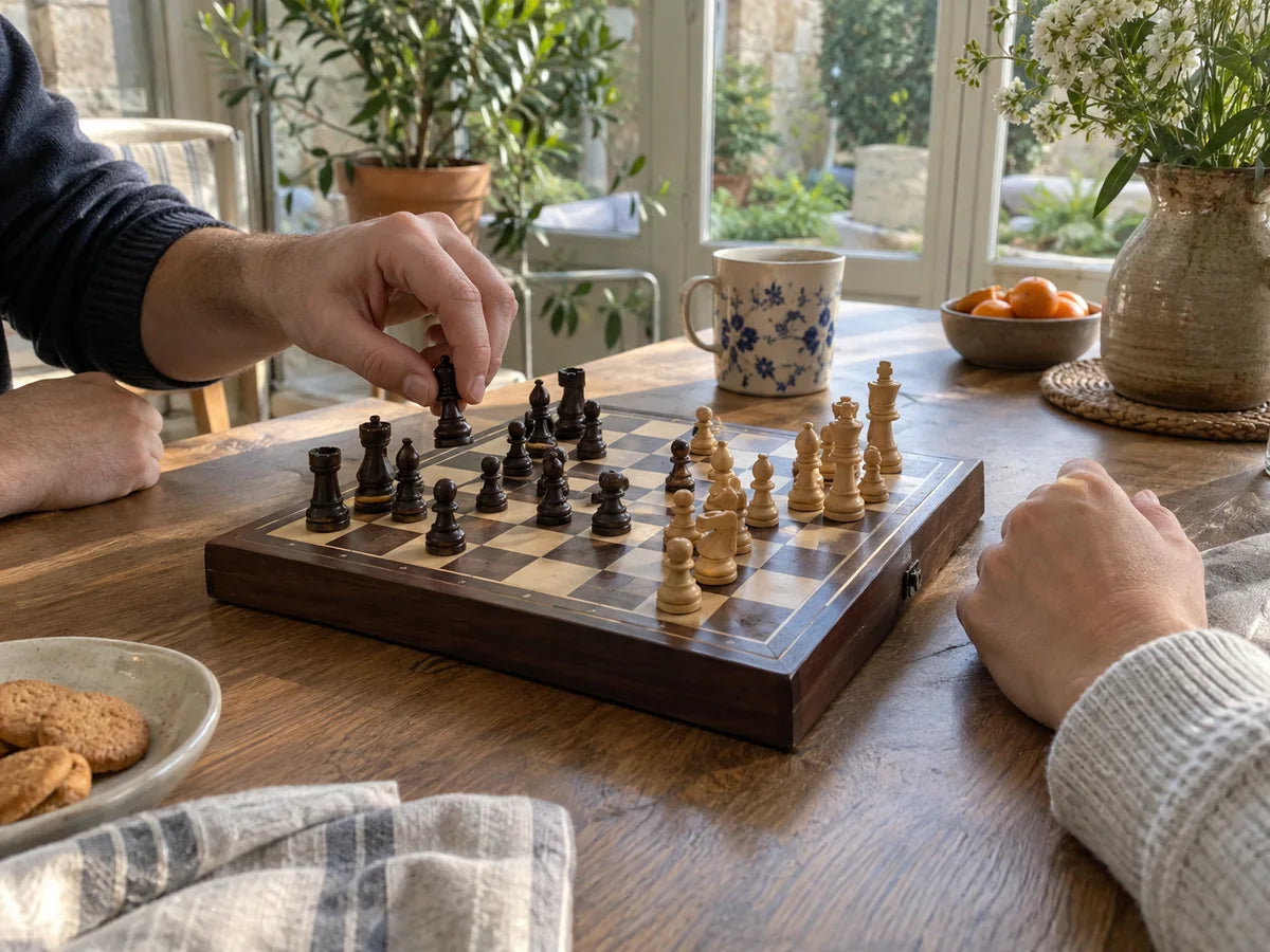 Deux personnes jouant aux échecs autour d’une table