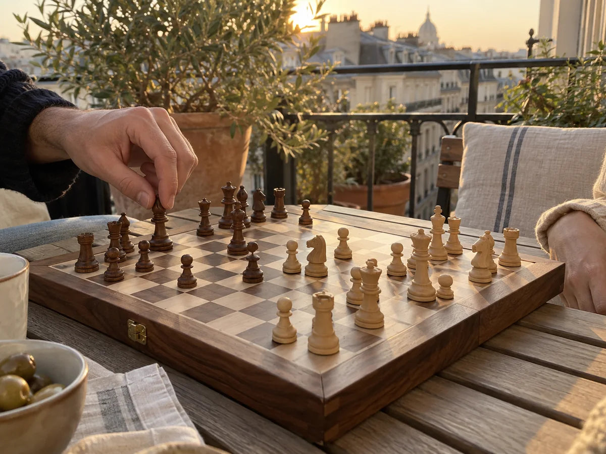 Partie d’échecs sur un balcon parisien au coucher du soleil
