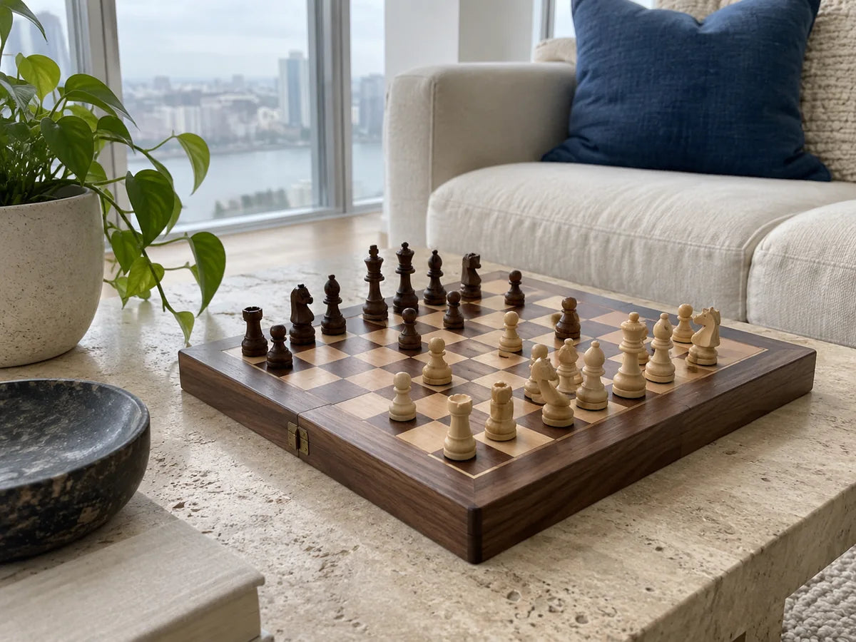 Échiquier en bois sur une table basse dans un appartement moderne